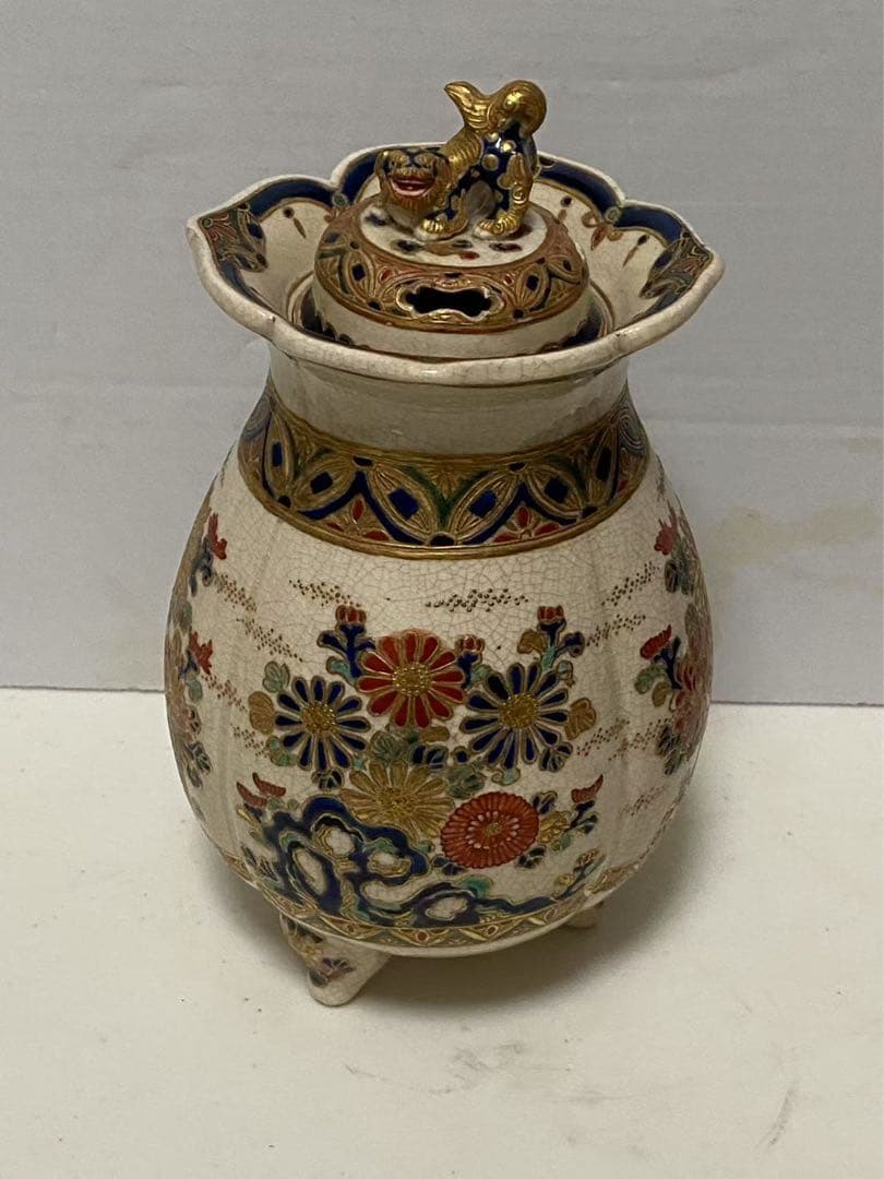 薩摩焼 丸十字薩摩 明治期 香爐 金彩花草文 金襴手