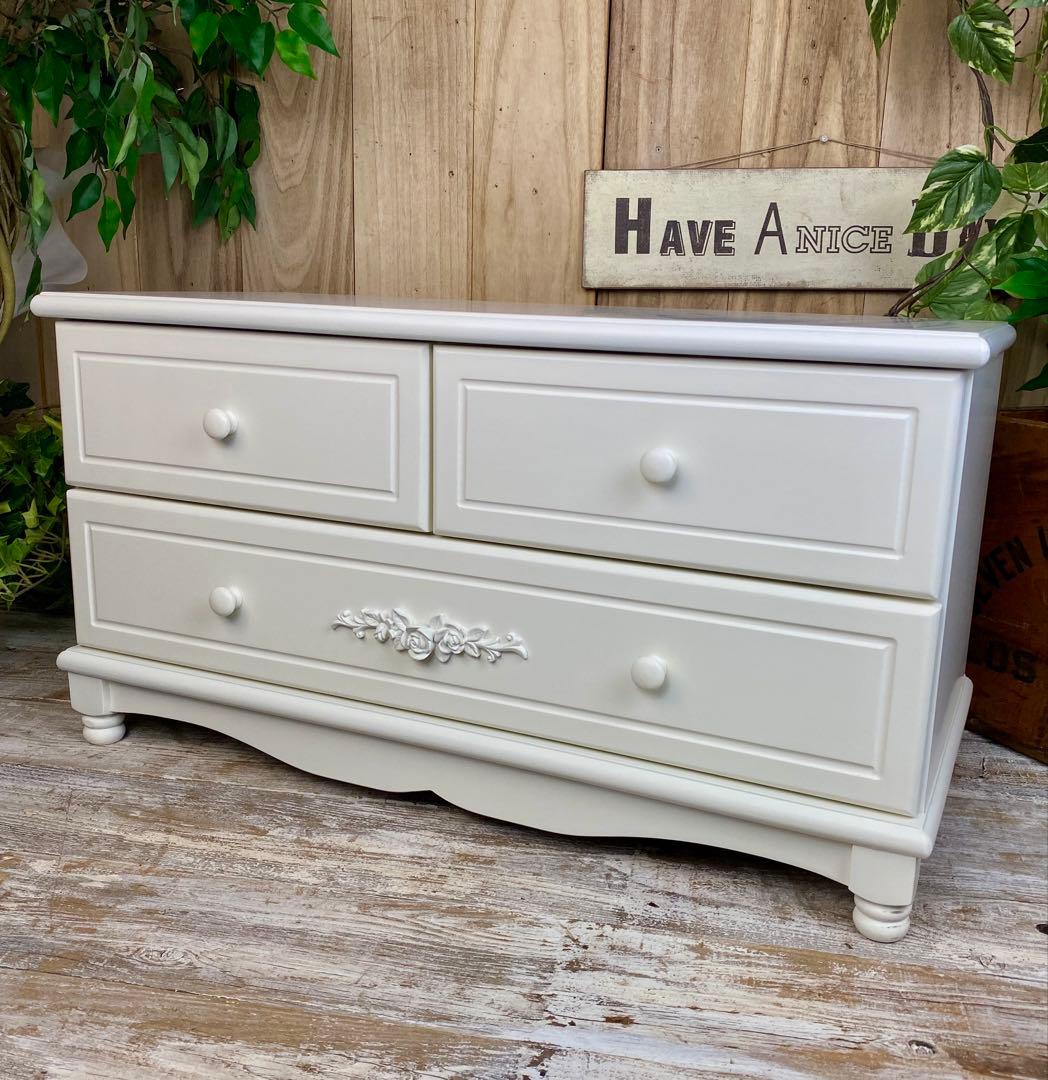 フレンチカントリー北欧調ホワイトチェストキャビネット2点セット木製収納家具タンス