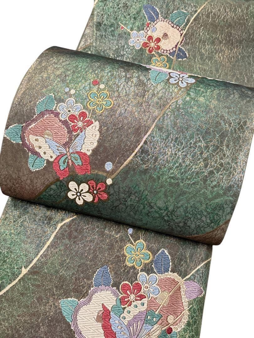 A13 美品　袋帯　唐織蝶花　グリーン　金通　逸品