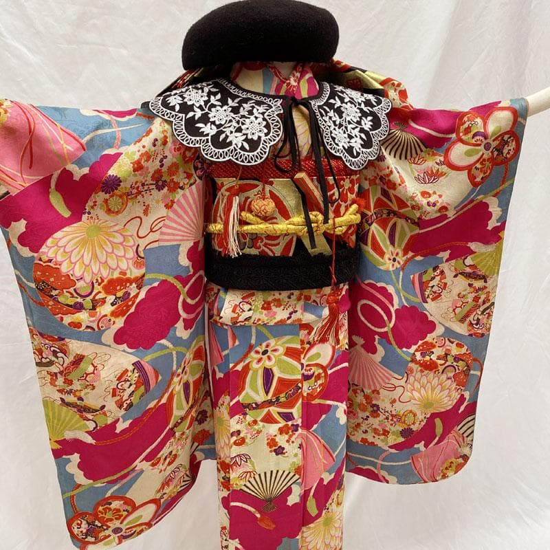 508ag8◎七五三 七歳 女児 アンティーク着物&開き帯 総柄 レトロ◎