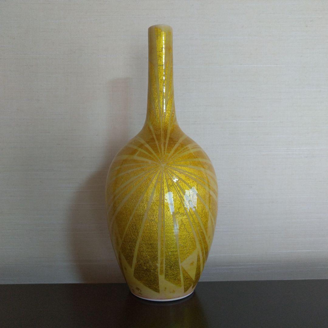 小野珀子　高さ約28.5cm　釉裏金彩花立　桐共箱