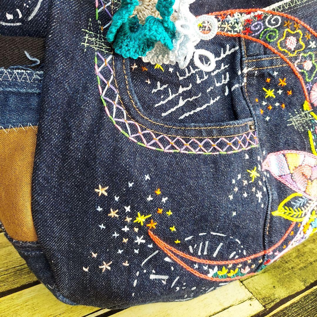【蘭太郎】刺繍デニムバック　No.666　デニムリメイク　刺繍バック
