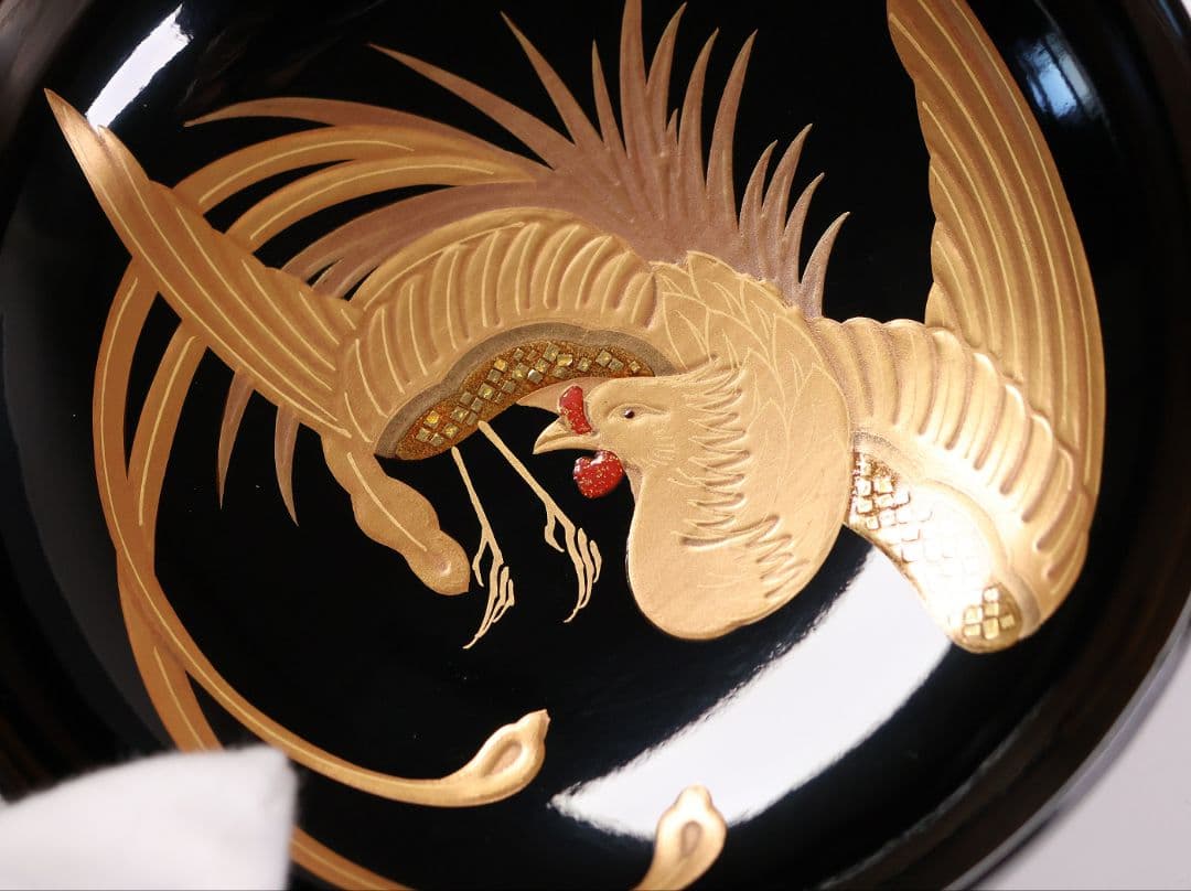 【CM400】天然木漆塗 菊桐鳳凰金蒔絵 黒塗 吸物椀 二客 昭和期 木製漆器