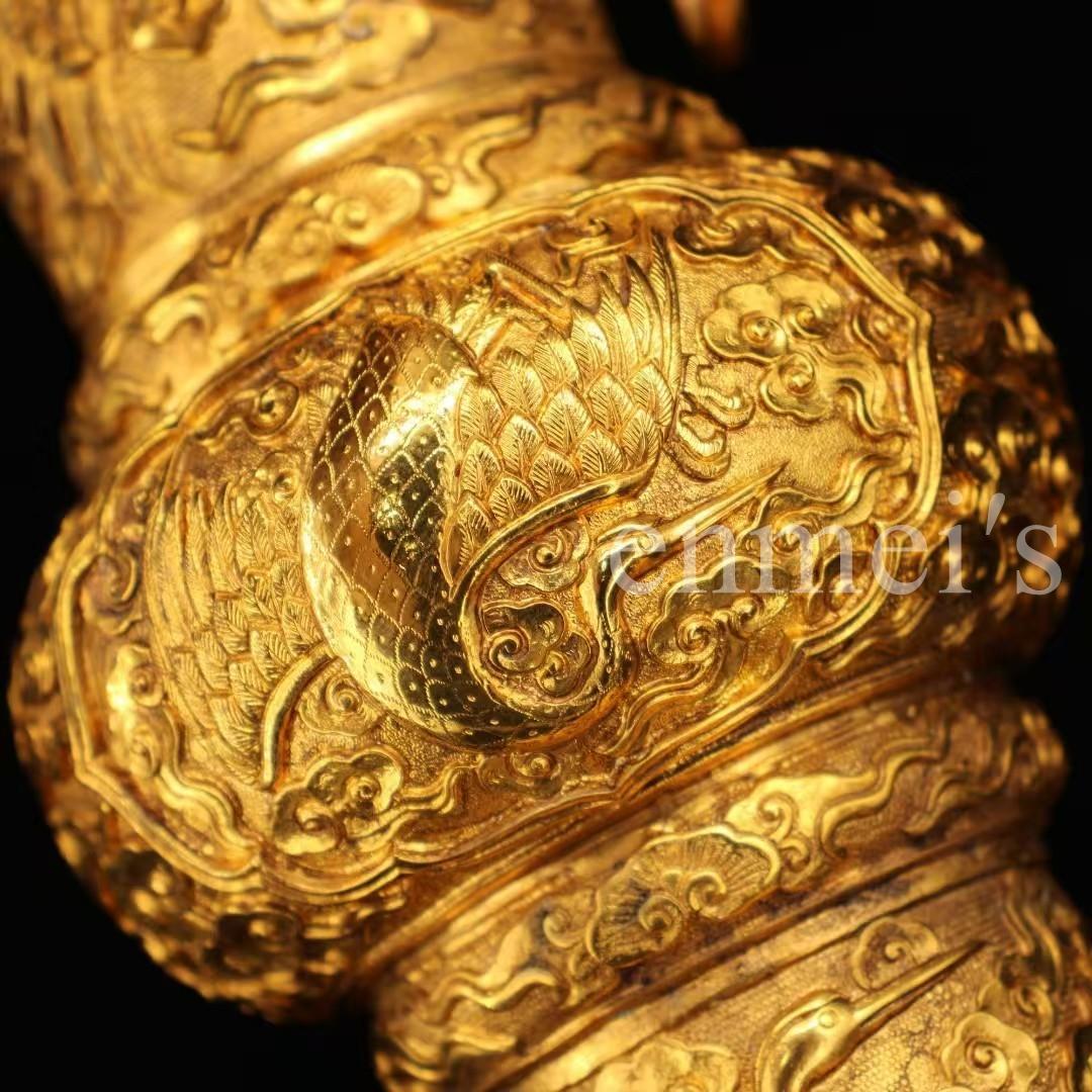 中国古美術・旧蔵鎏金鶴花鼓花瓶・純銅製・純手作り・高浮彫・風水開運・置物・文房具