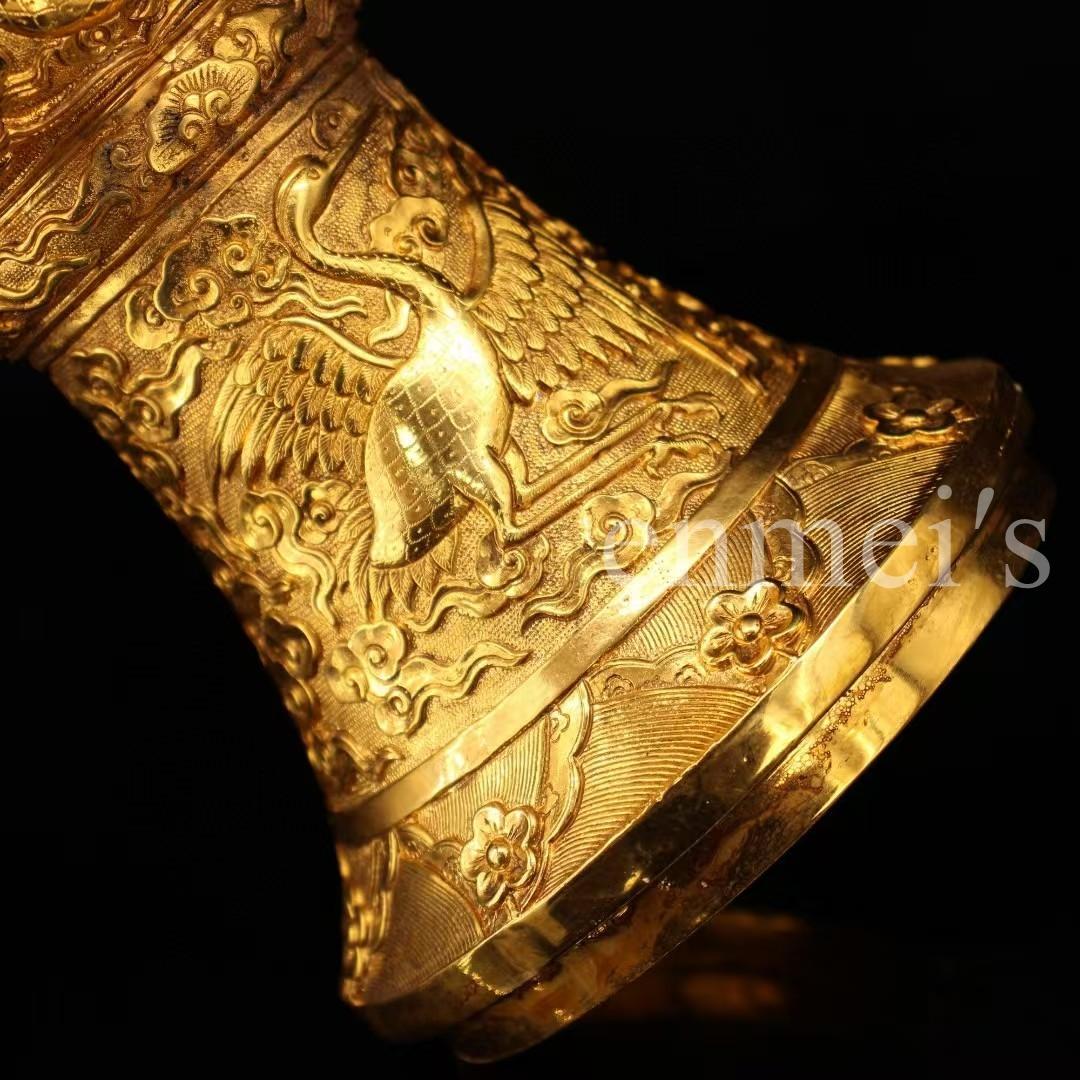 中国古美術・旧蔵鎏金鶴花鼓花瓶・純銅製・純手作り・高浮彫・風水開運・置物・文房具