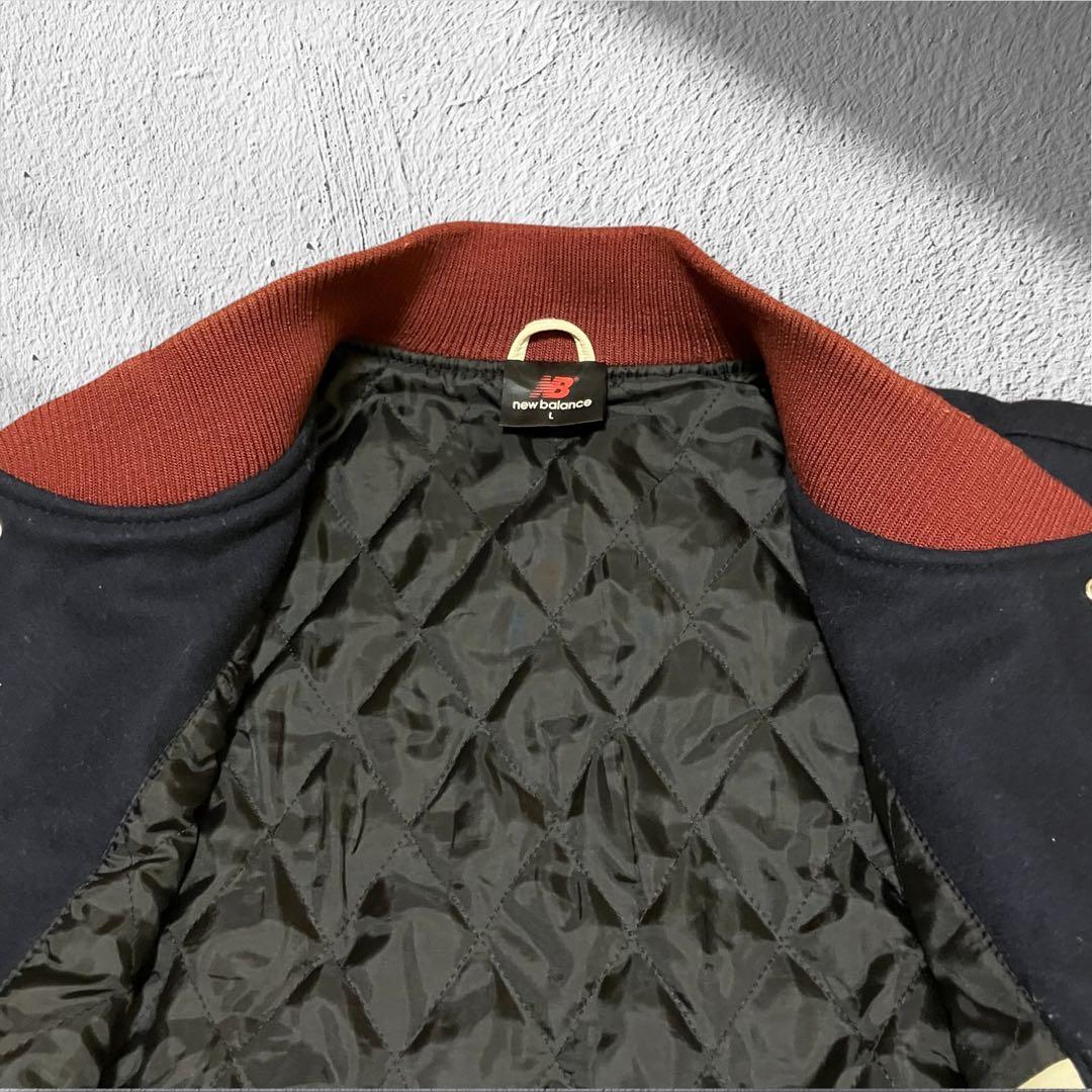 希少 ニューバランス 袖レザー スタジャン L ウール 豚革 刺繍ロゴ ネイビー
