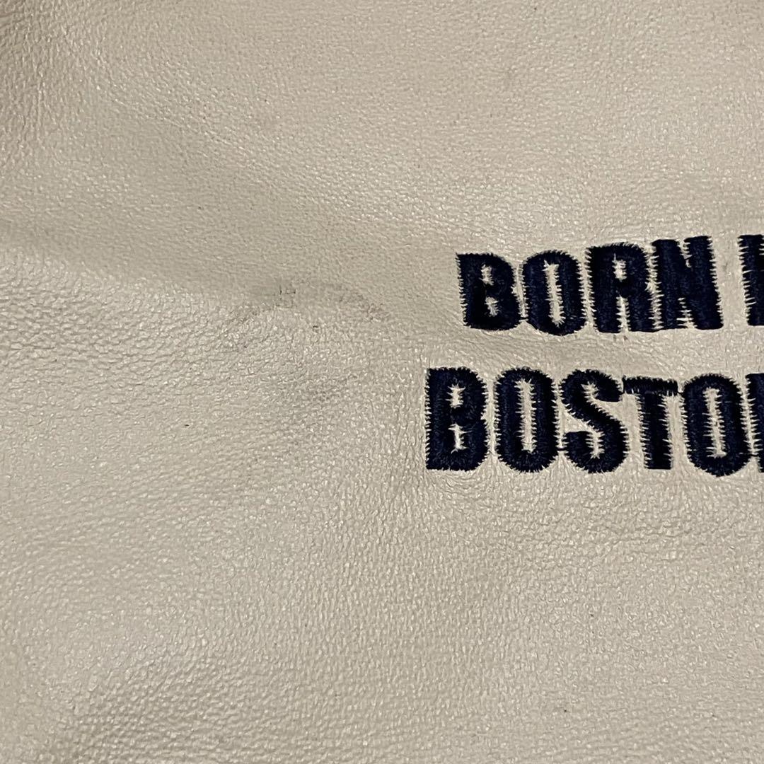 希少 ニューバランス 袖レザー スタジャン L ウール 豚革 刺繍ロゴ ネイビー