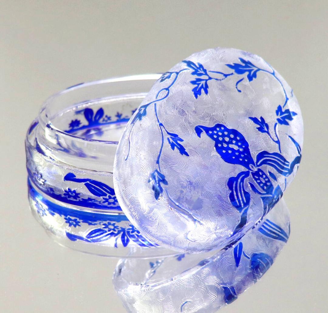 ヴァル・サン・ランベール 最高級 コバルトブルー被せ アシッドエッチング 蓋物