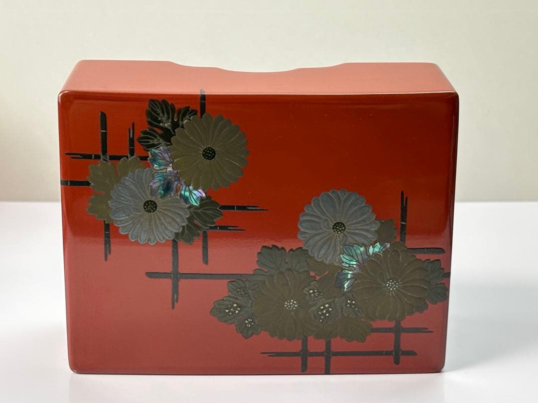 【未使用】時代漆芸 木製 菊紋蒔絵 螺鈿象嵌箱 蓋物 小物入れ R7112344