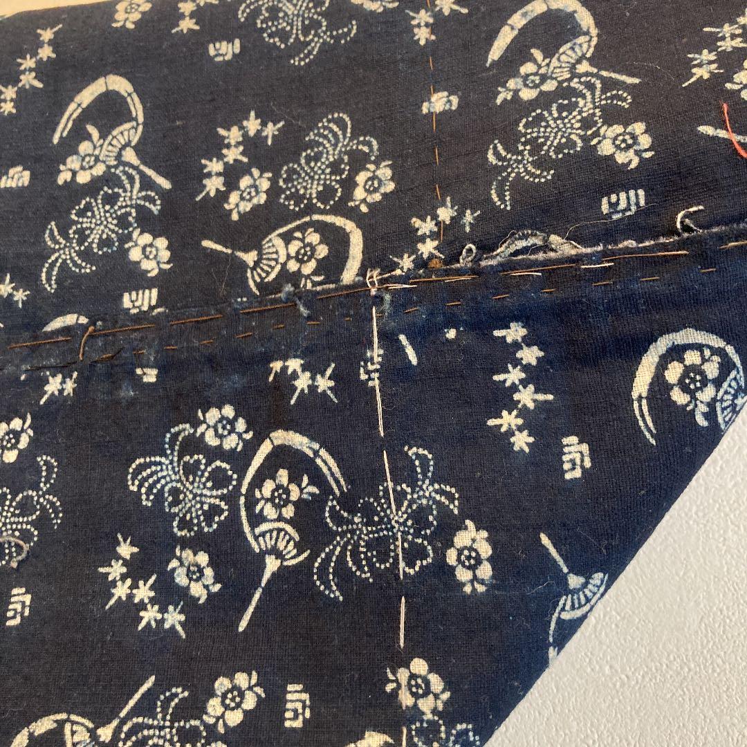 古布　両面染め　型染　藍染　上っ張り　紅花染め　団扇