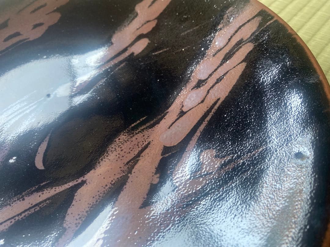 極上大皿！人間国宝濱田庄司作モダンな《黒釉錆流描大皿 》（検民芸スリップウェア