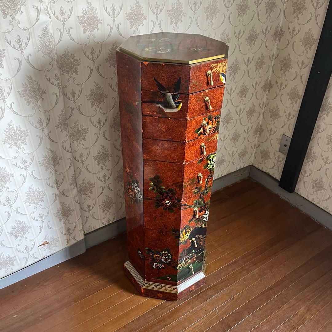 【アンティーク】中国家具 宝石棚 花鳥画 箪笥 チェスト 8杯 飾り棚 古家具