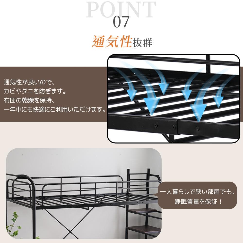 ロフトベッド（S） デスク付き　コンセント付x収納付き 耐荷重150　WHITE