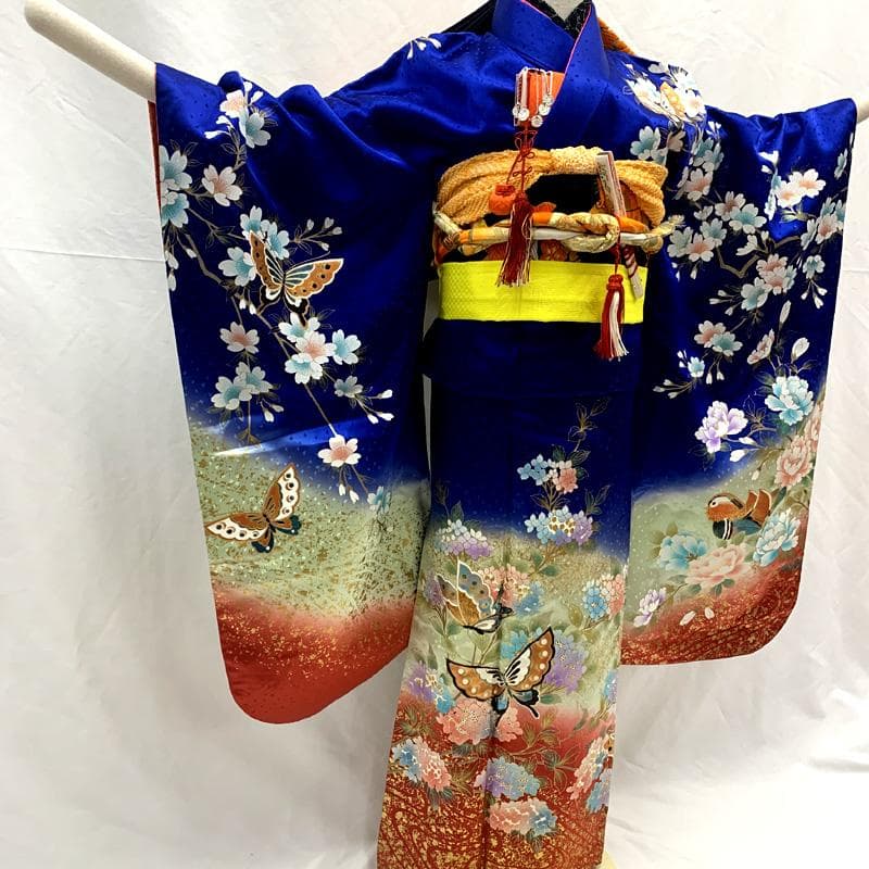 510ag68□七五三 七歳 女児 着物&袋帯 蝶 鴛鴦 花文 青□美品