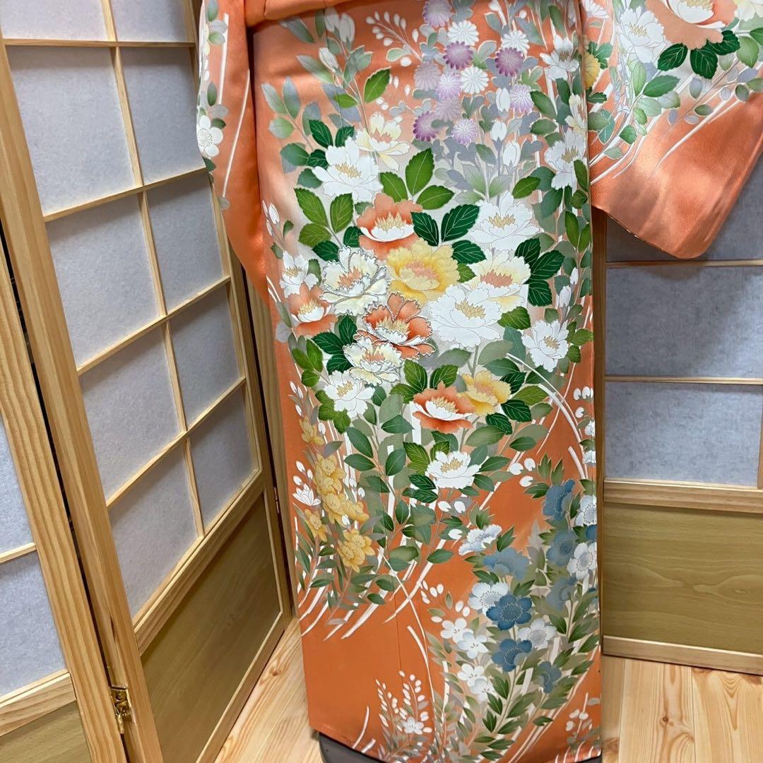 ［4349］訪問着 草花文様 駒刺繍 ぼかし 銀彩 正絹 着物 袷