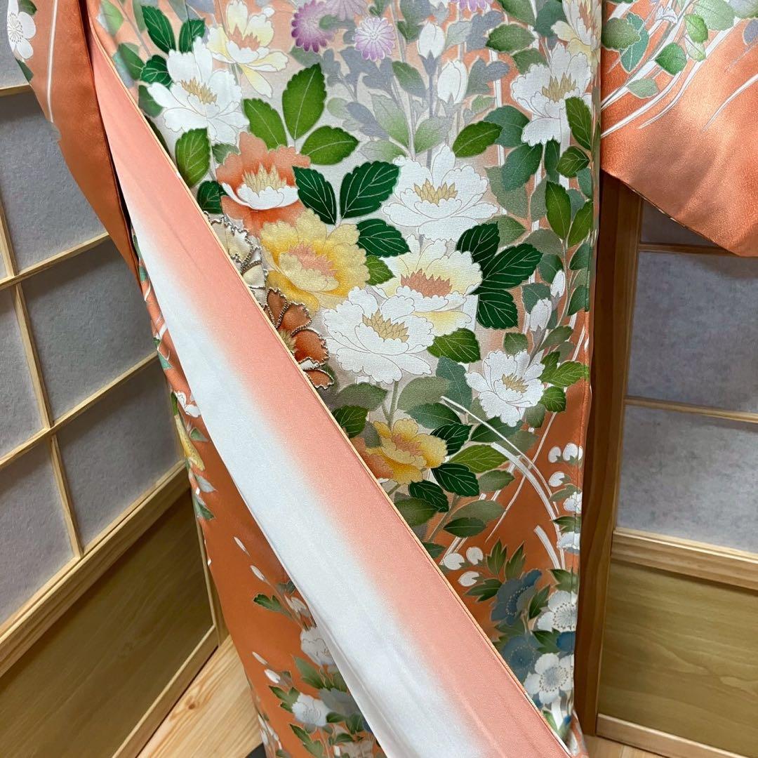 ［4349］訪問着 草花文様 駒刺繍 ぼかし 銀彩 正絹 着物 袷