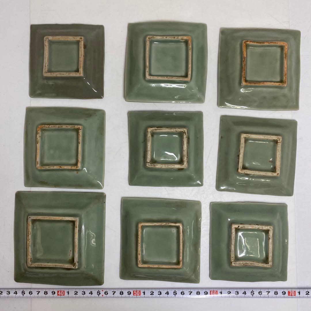 江戸後期 三田青磁唐文 角皿 9枚 東キ8-0123☆2F トヒサ