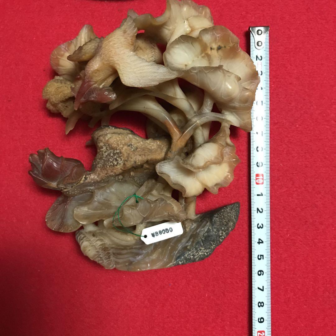 寿山石　石彫刻　花鳥、ハスの花　美術彫刻芸術品