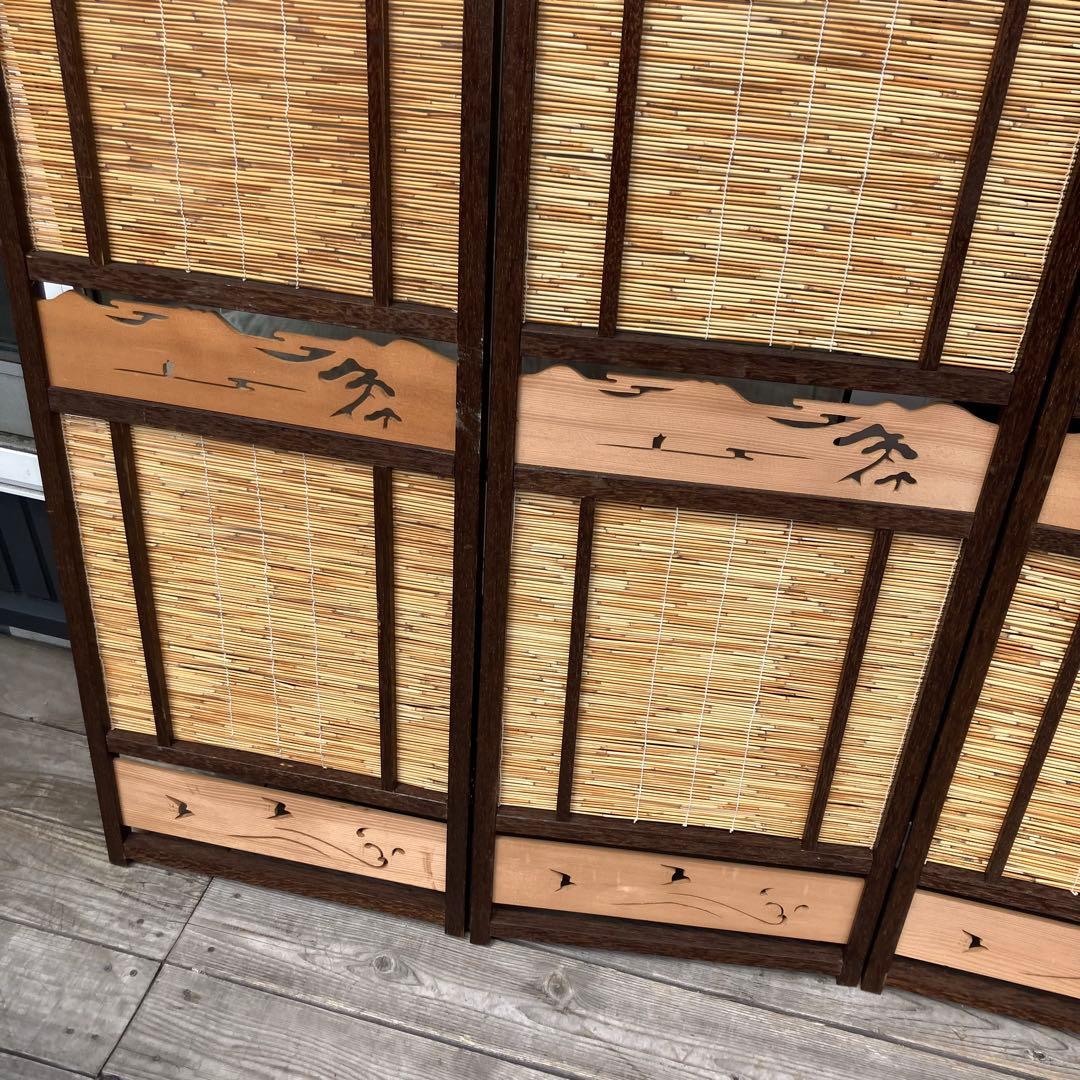 昭和レトロ 和モダン 装飾彫り 木製 4連パーテーション 間仕切り 衝立 屏風