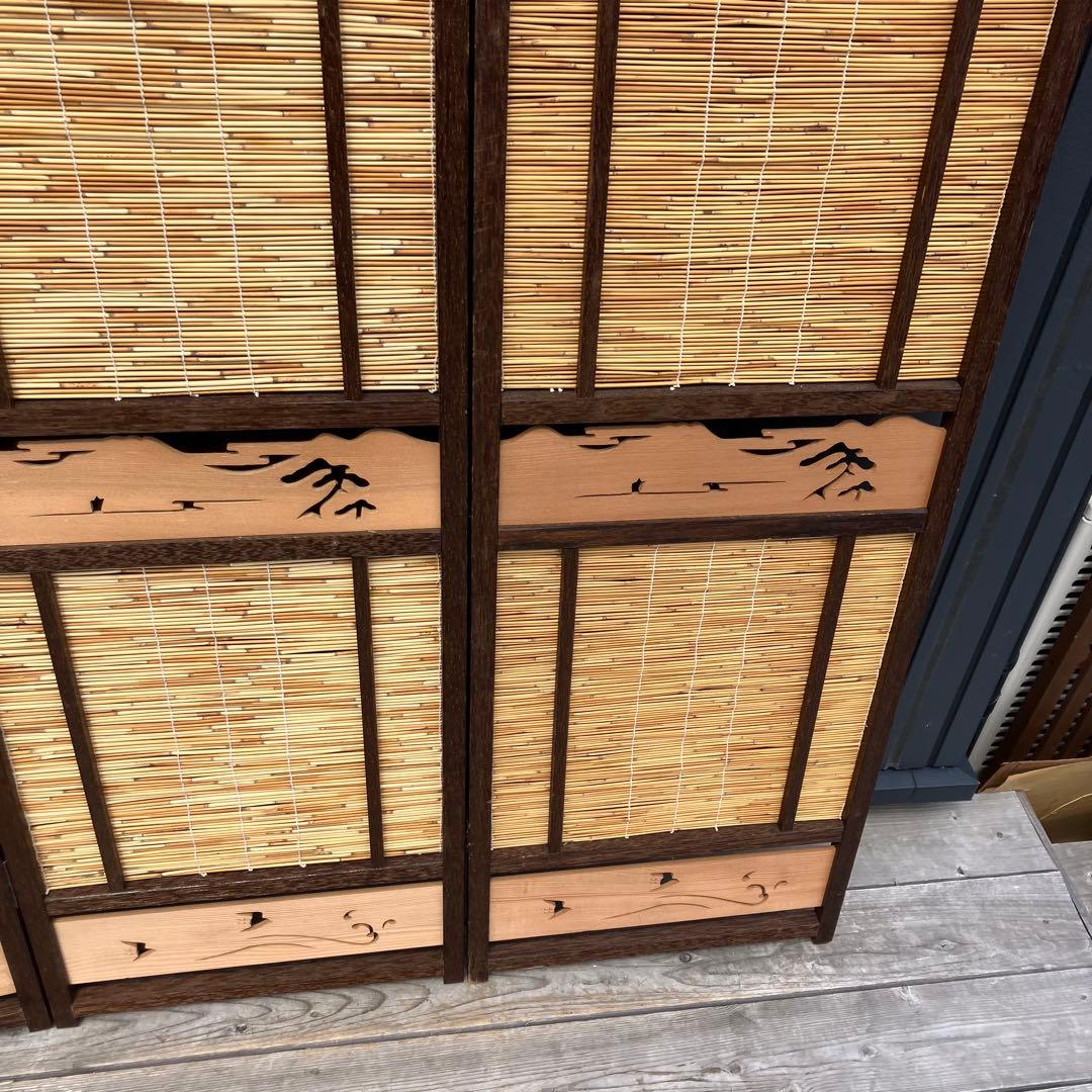 昭和レトロ 和モダン 装飾彫り 木製 4連パーテーション 間仕切り 衝立 屏風