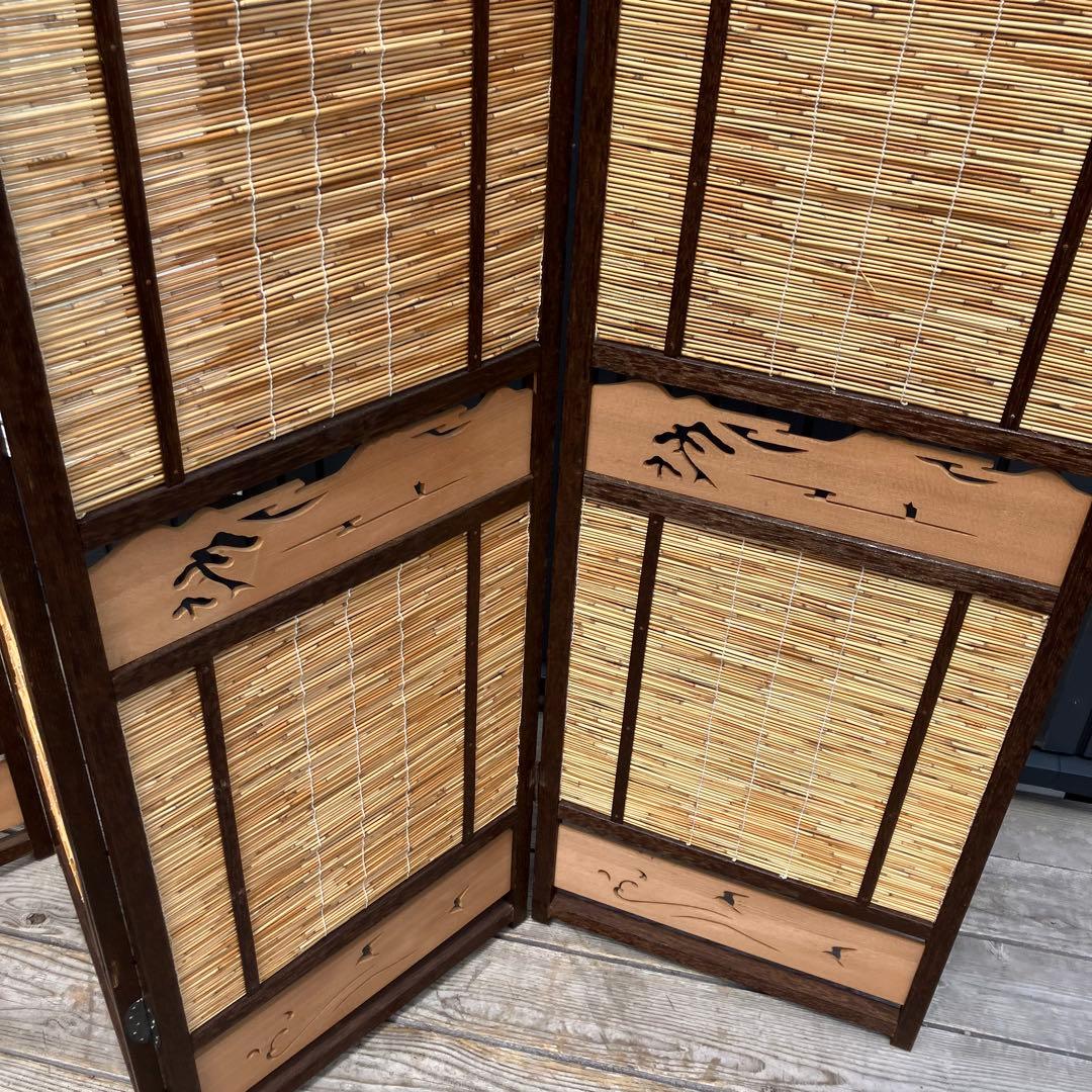 昭和レトロ 和モダン 装飾彫り 木製 4連パーテーション 間仕切り 衝立 屏風