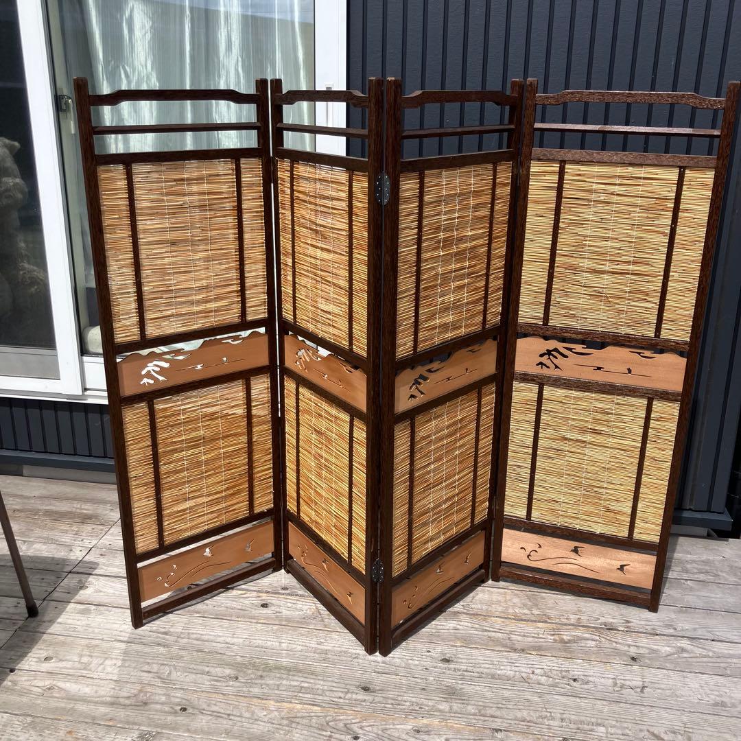 昭和レトロ 和モダン 装飾彫り 木製 4連パーテーション 間仕切り 衝立 屏風