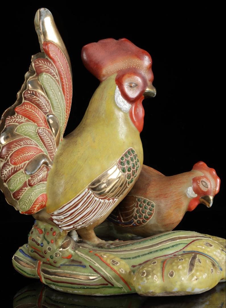 九谷焼 色絵金彩 酉 置物 木箱付 鶏 鳥 縁起物 吉祥 開運 古美術品 骨董品