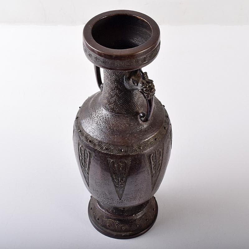 中国　大明宣徳年製　古銅宣徳銅　神獣双耳瓶　花入　時代箱付　F　R7894B