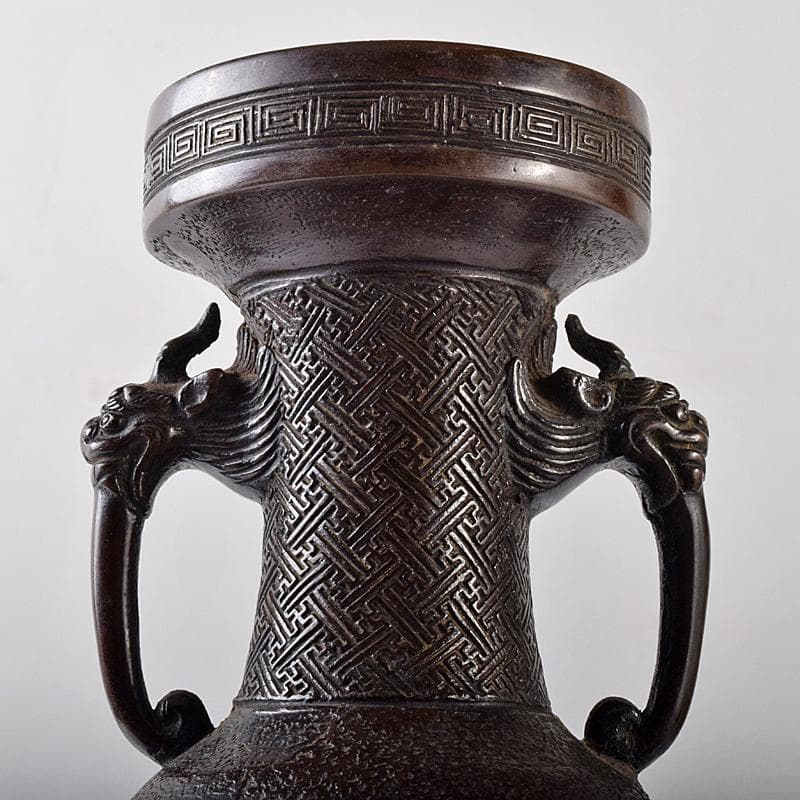 中国　大明宣徳年製　古銅宣徳銅　神獣双耳瓶　花入　時代箱付　F　R7894B