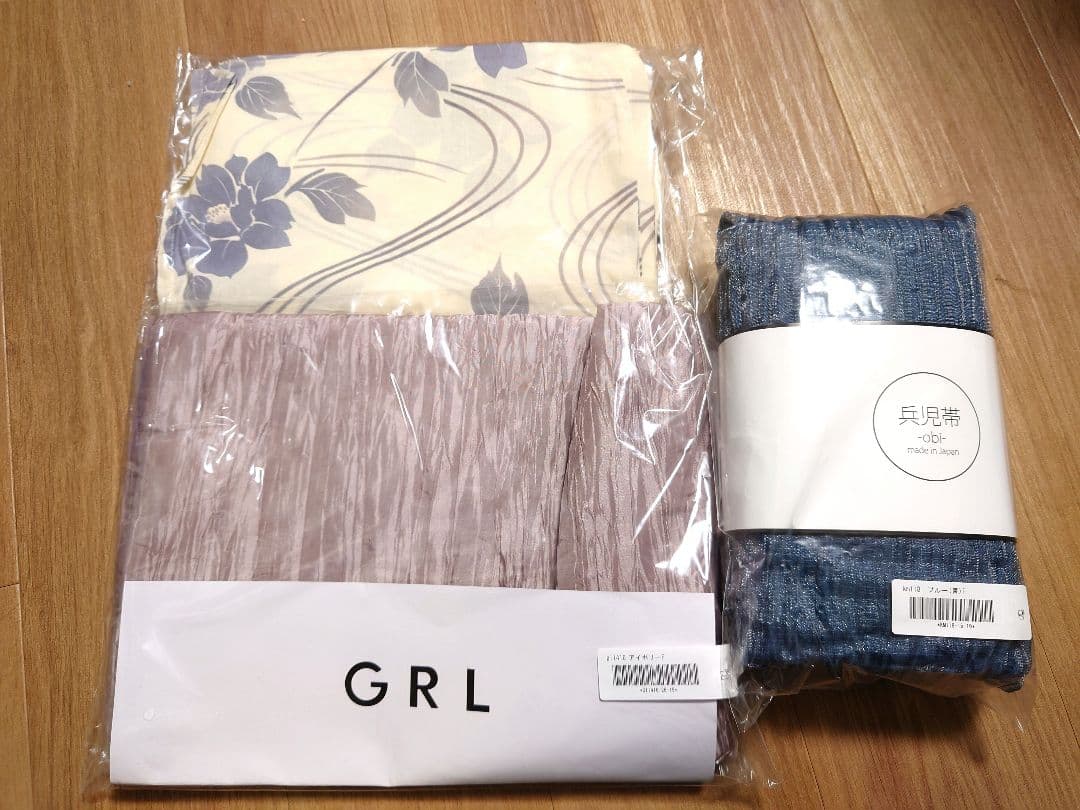 ②新品☆GRL☆グレイル☆ぼかし花柄☆浴衣☆ラメ☆シアー☆しわ☆兵児帯☆セット