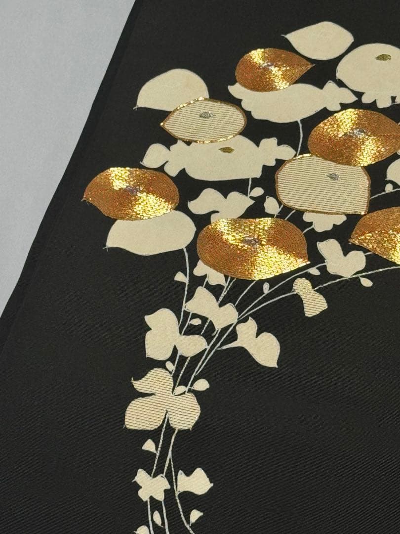 [美品] 塩瀬　名古屋帯　正絹　お太鼓柄　黒　箔　光琳菊　洒落帯　小紋　紬　無地