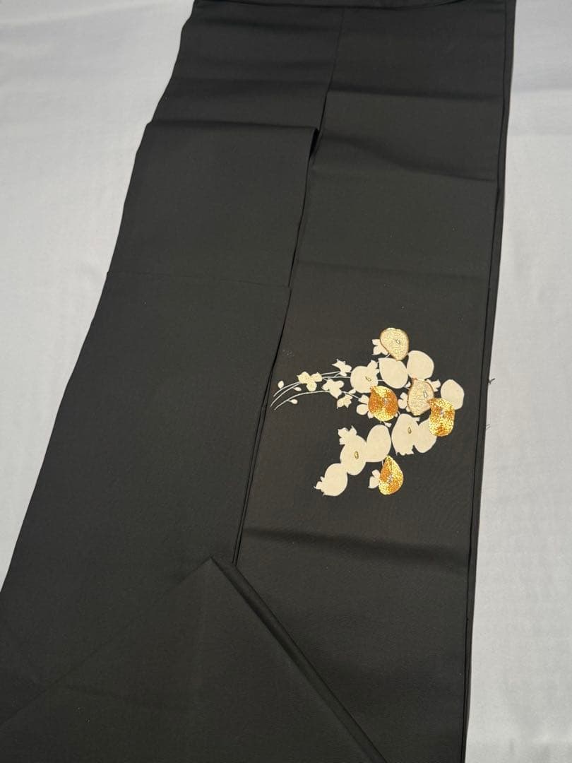 [美品] 塩瀬　名古屋帯　正絹　お太鼓柄　黒　箔　光琳菊　洒落帯　小紋　紬　無地