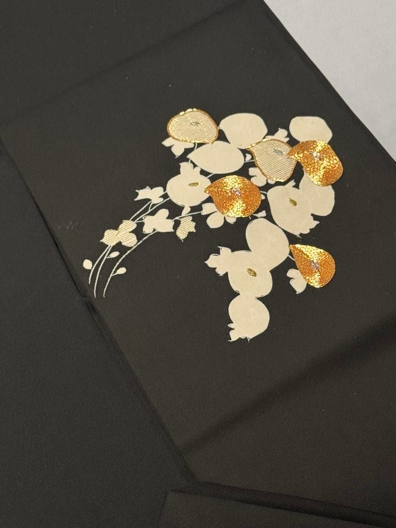 [美品] 塩瀬　名古屋帯　正絹　お太鼓柄　黒　箔　光琳菊　洒落帯　小紋　紬　無地