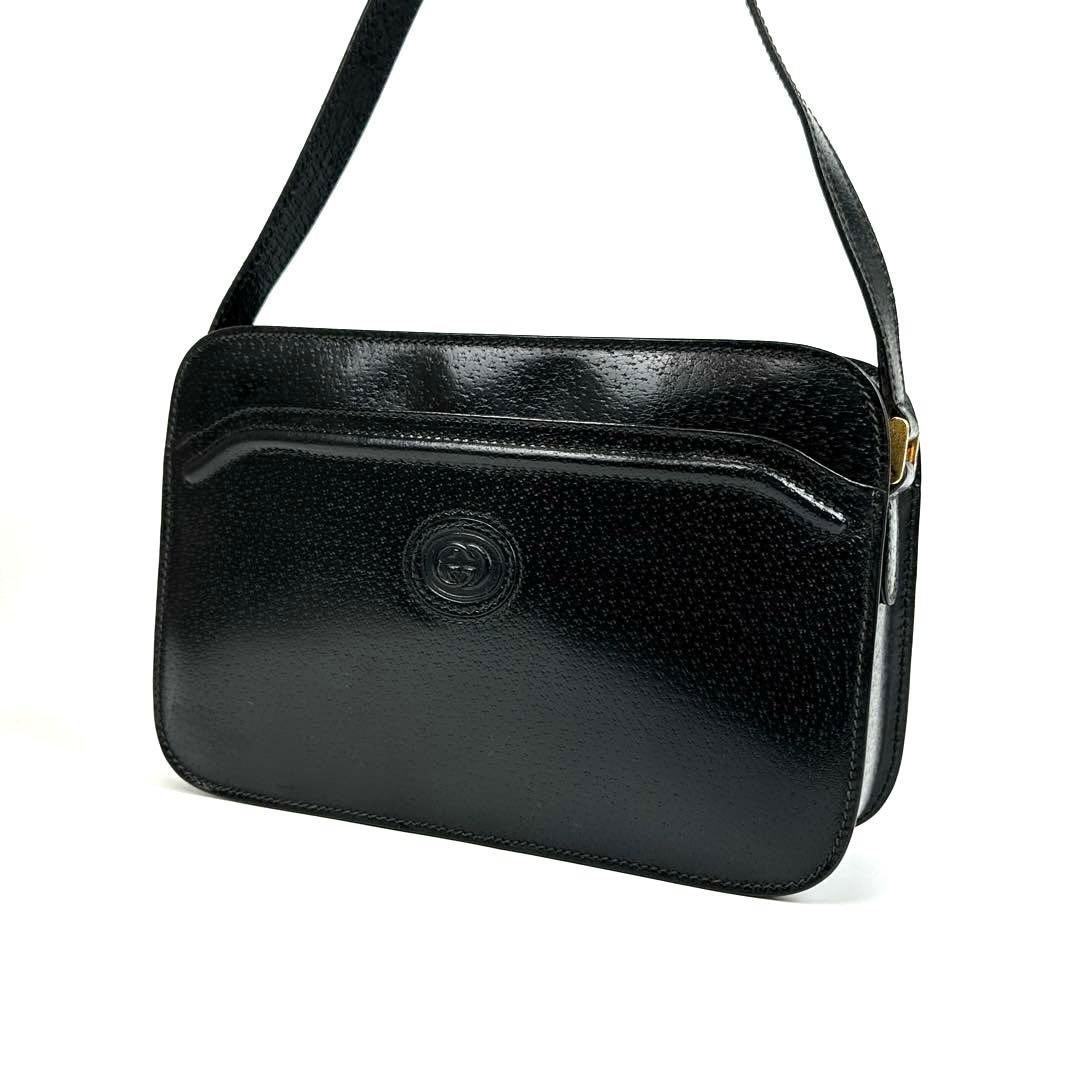 【美品】グッチ　インターロッキング　ショルダーバッグ　GG　エンボス　レザー　黒