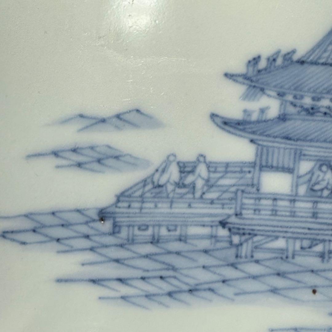 後期鍋島　江戸後期　染付楼閣山水図四方皿　共箱　緻密な絵付け　古美術　蒐集家旧蔵