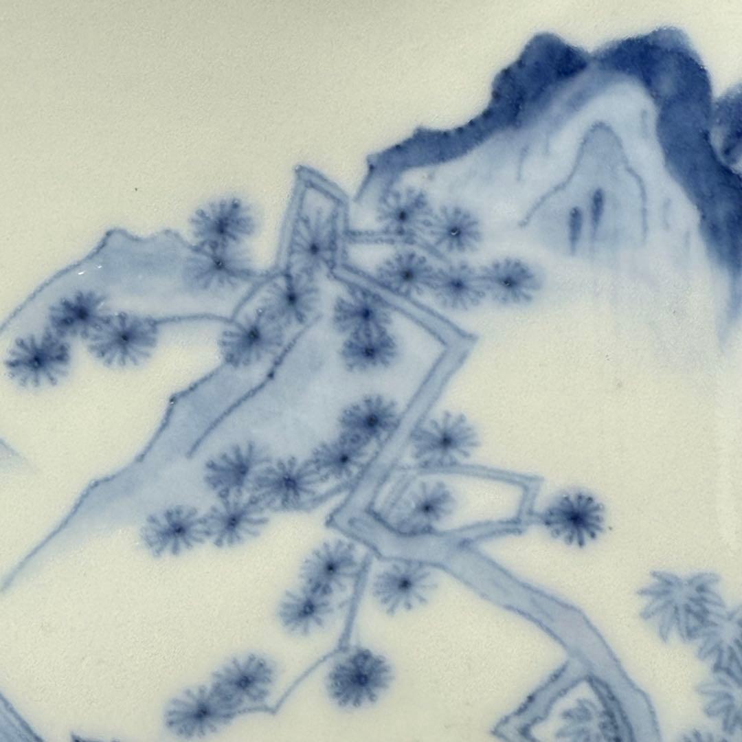 後期鍋島　江戸後期　染付楼閣山水図四方皿　共箱　緻密な絵付け　古美術　蒐集家旧蔵