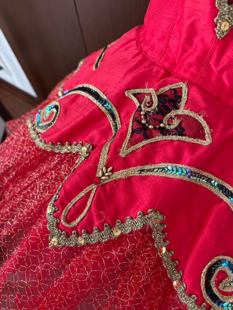 赤いバレエチュチュ　袖のフリル付き