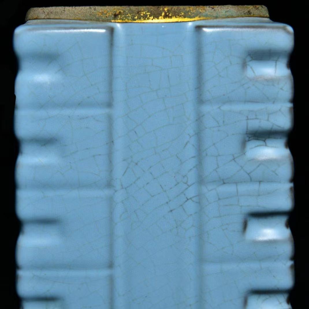 中国古美術・旧蔵の琮式瓶、御題が嵌め込まれた陶磁器・11x19cm・置物・文房具