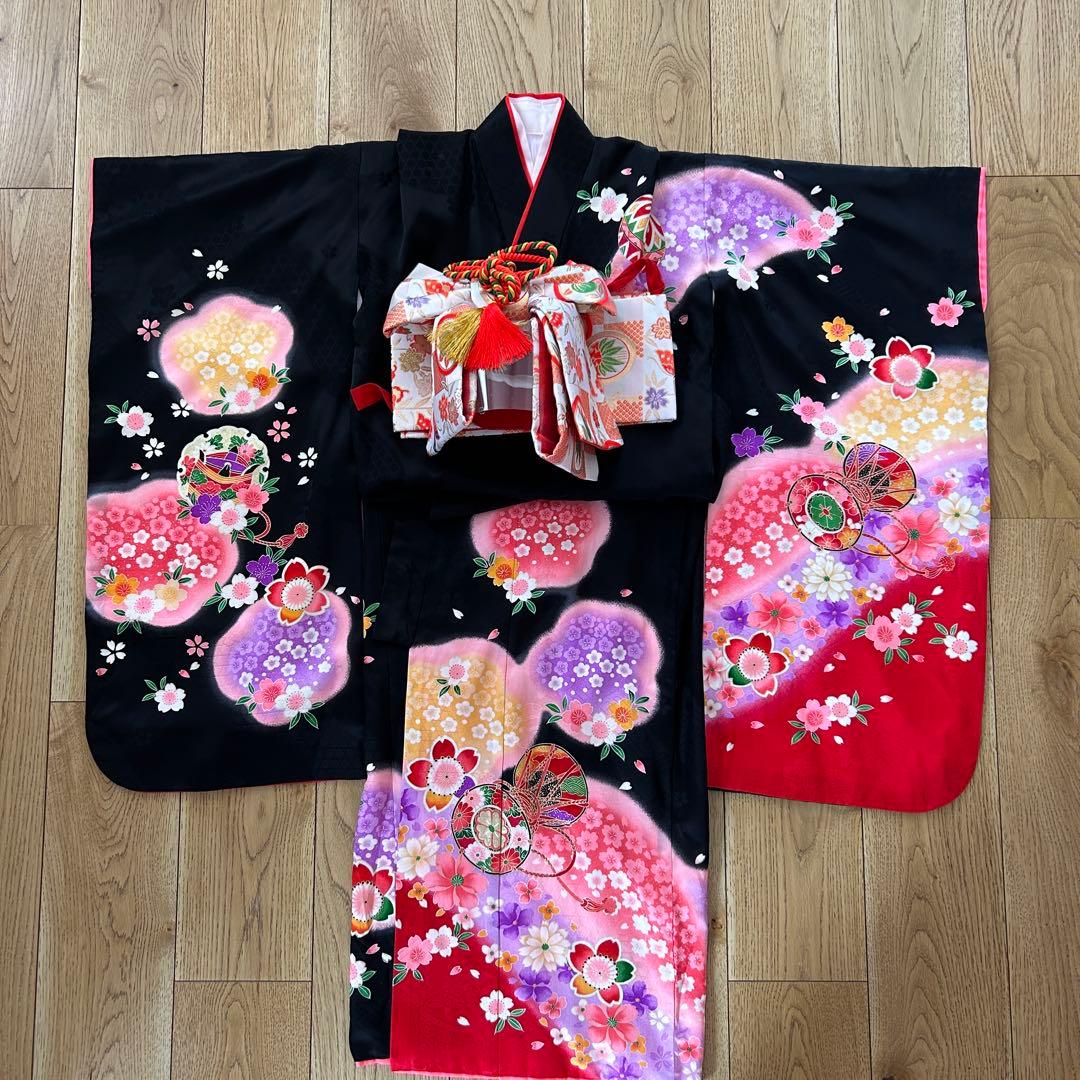 正絹　七五三 女の子7歳着物・帯セット　黒　レトロ　アンティーク