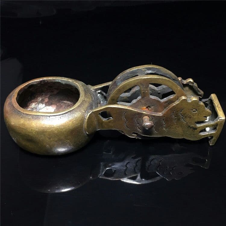 古玩古老皮殻真鍮墨斗銅器工芸品木工線器虎頭墨斗