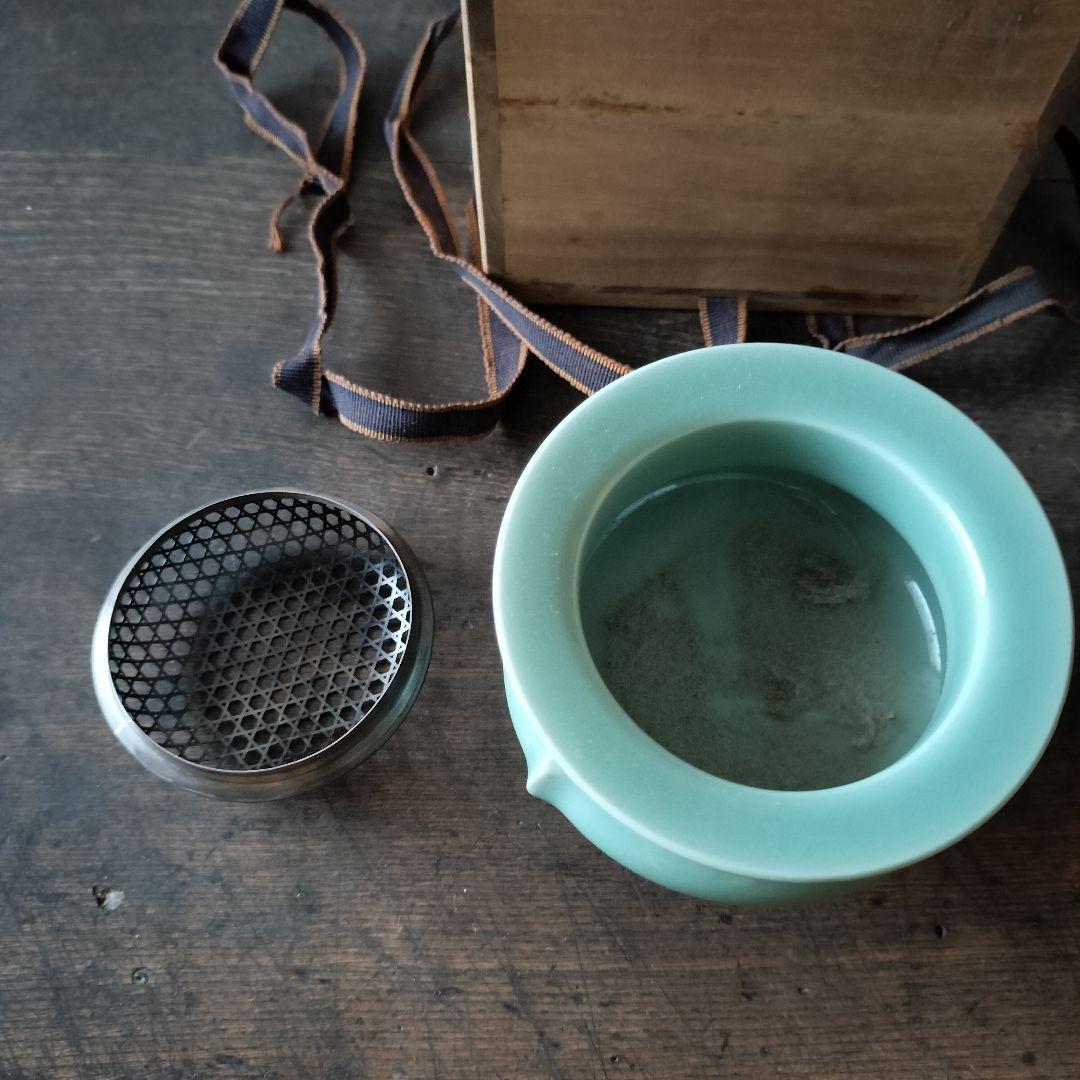 青磁 香炉 純銀火屋 三足香炉 銀火屋