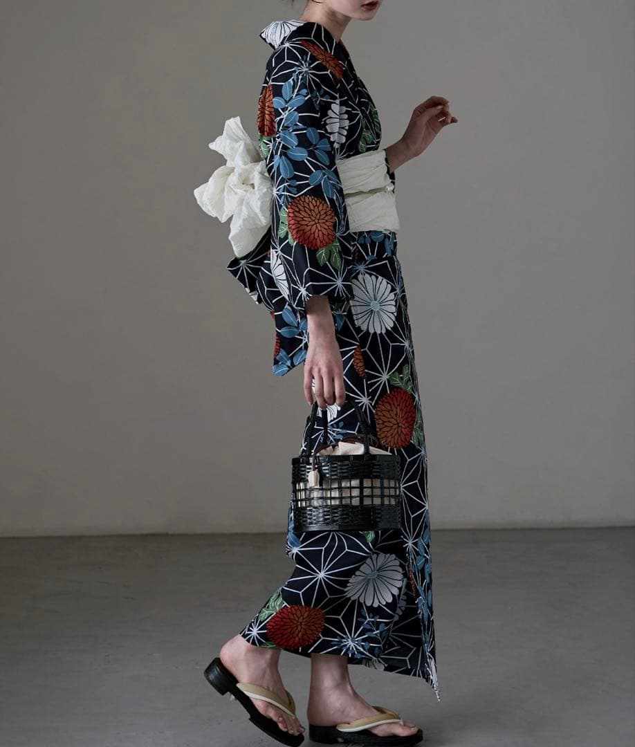 asaka着付けのいらない簡単セパレート綿浴衣＋しわ兵児帯 2点セット