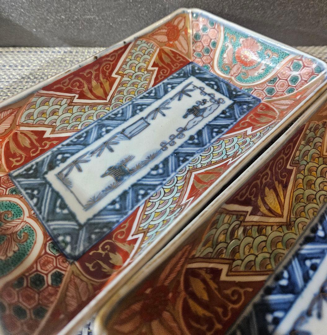 【上作古伊万里❗】幕末〜明治　古伊万里　染錦　波　亀甲　花　径20.0cm皿2客