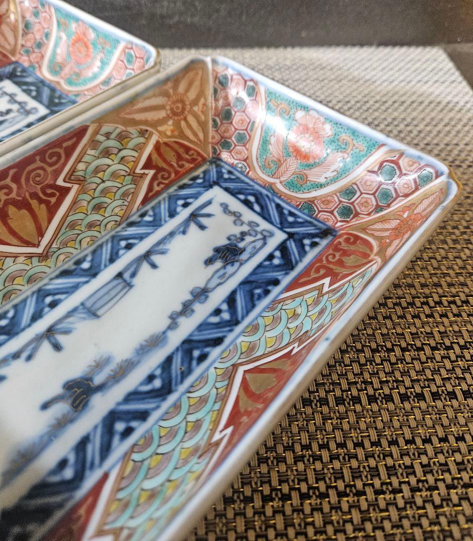 【上作古伊万里❗】幕末〜明治　古伊万里　染錦　波　亀甲　花　径20.0cm皿2客