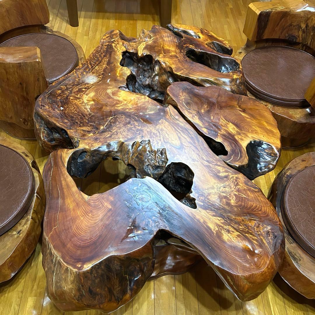 【希少】屋久杉 応接セット ローテーブル 椅子4脚 無垢 天然木 一枚板 配送可