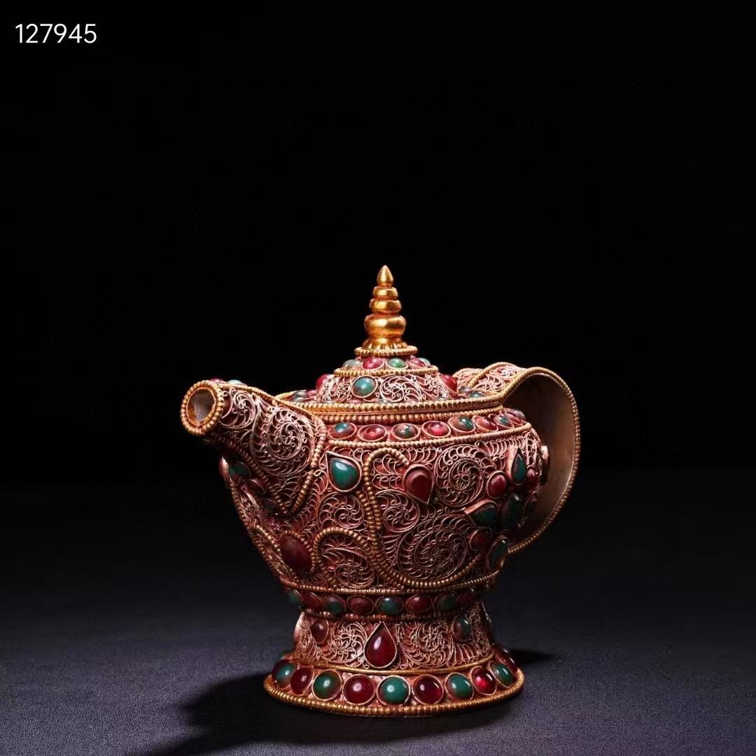 中国古美術・旧蔵收・純手作り・花糸古銅彫塗金宝石嵌酒壺・文房置物・純銅製・酒具