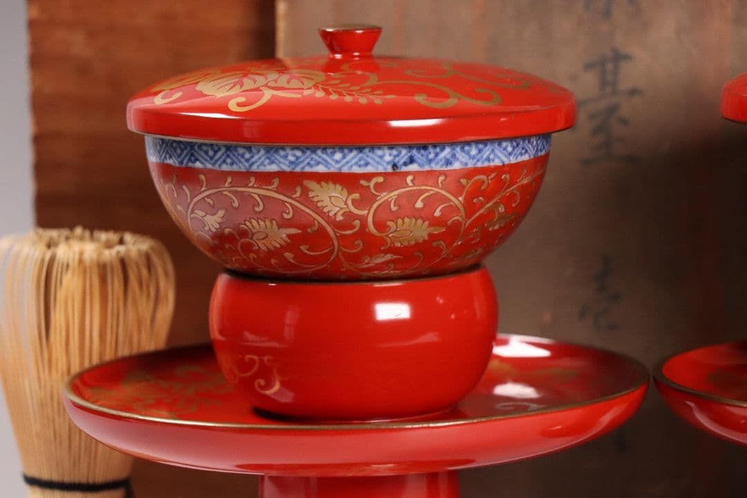 MA454 時代 桐唐草金蒔絵 朱塗 高茶台一対 天目台 赤絵 茶器 茶碗 木製