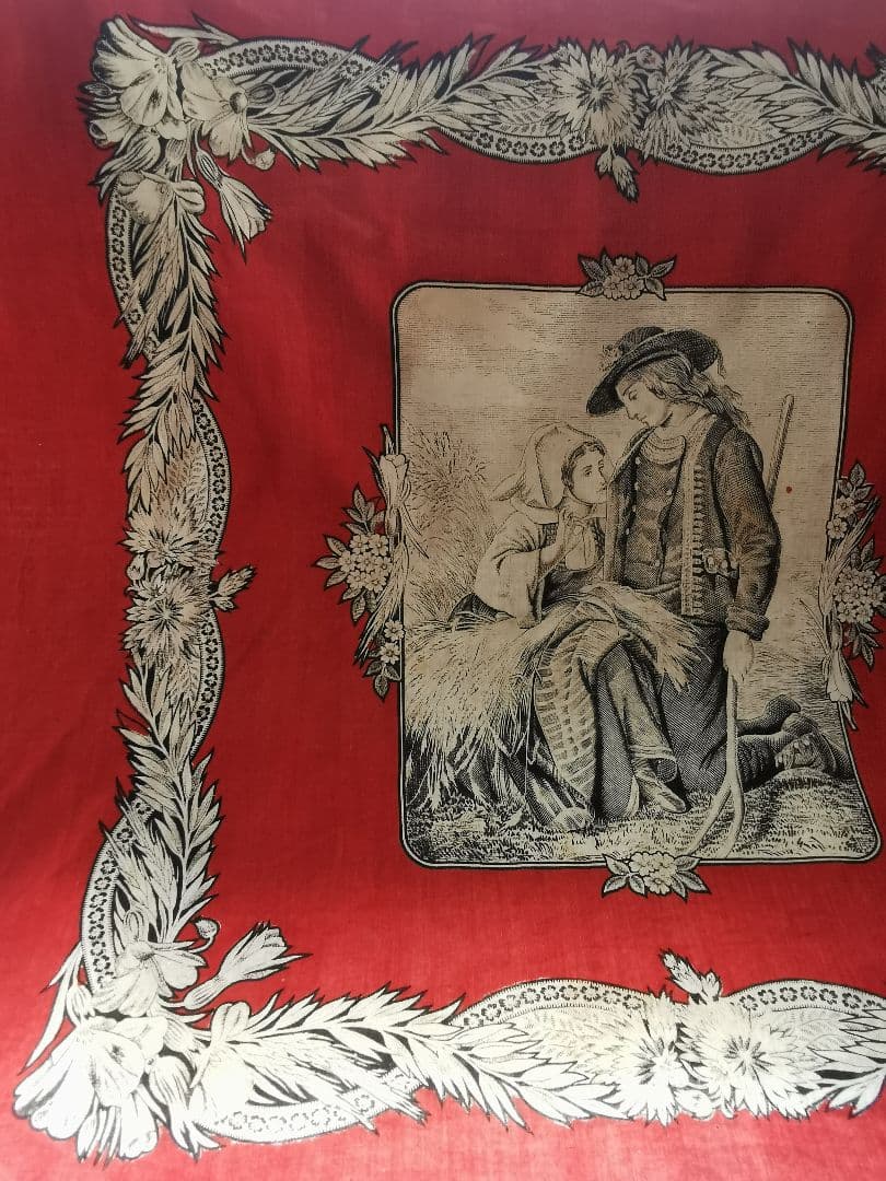 アンティークフランス トワルドジュイクロス 農村のカップル 繕う女性 田園風景