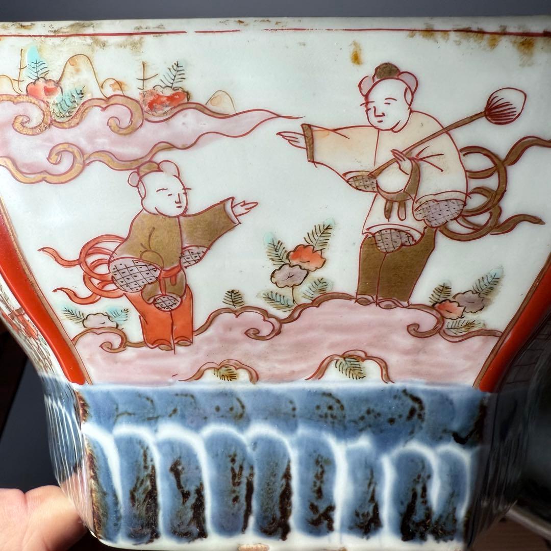 江戸後期〜明治時代　色絵松竹梅鳥賢人図六角鉢　共箱　古美術　豪商旧蔵品