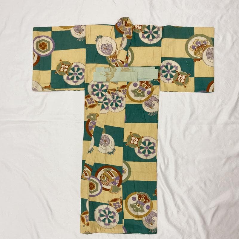 511ay57◎ベビー着物&被布 男児 お宮参り アンティーク 総柄 丸文◎